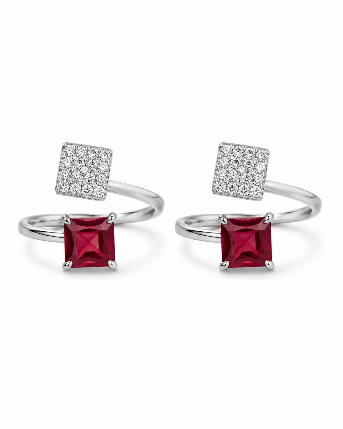 925 Sterling Silver Women's Ruby Square Twin Stone Toe Rings - Pair - White Background