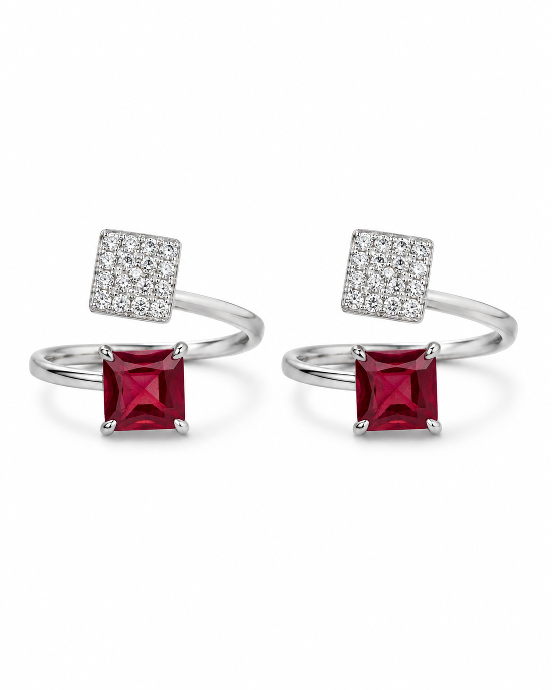 925 Sterling Silver Women's Ruby Square Twin Stone Toe Rings - Pair - White Background