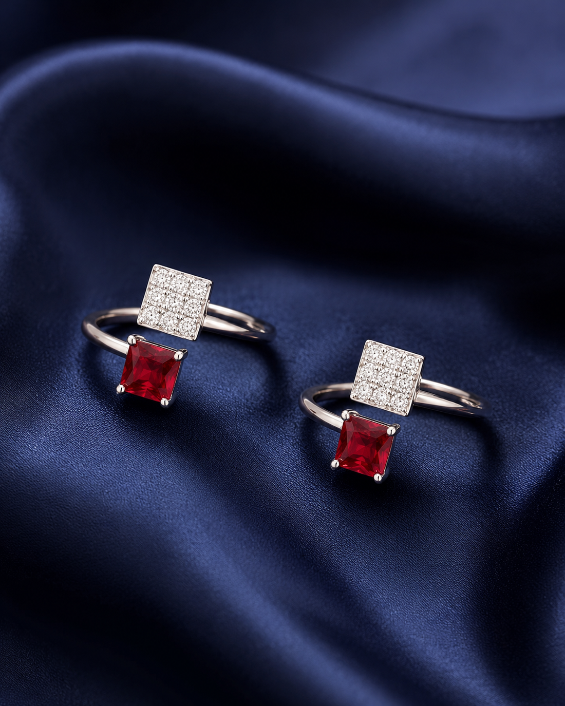 925 Sterling Silver Women's Ruby Square Twin Stone Toe Rings - Pair - Navy Blue Background