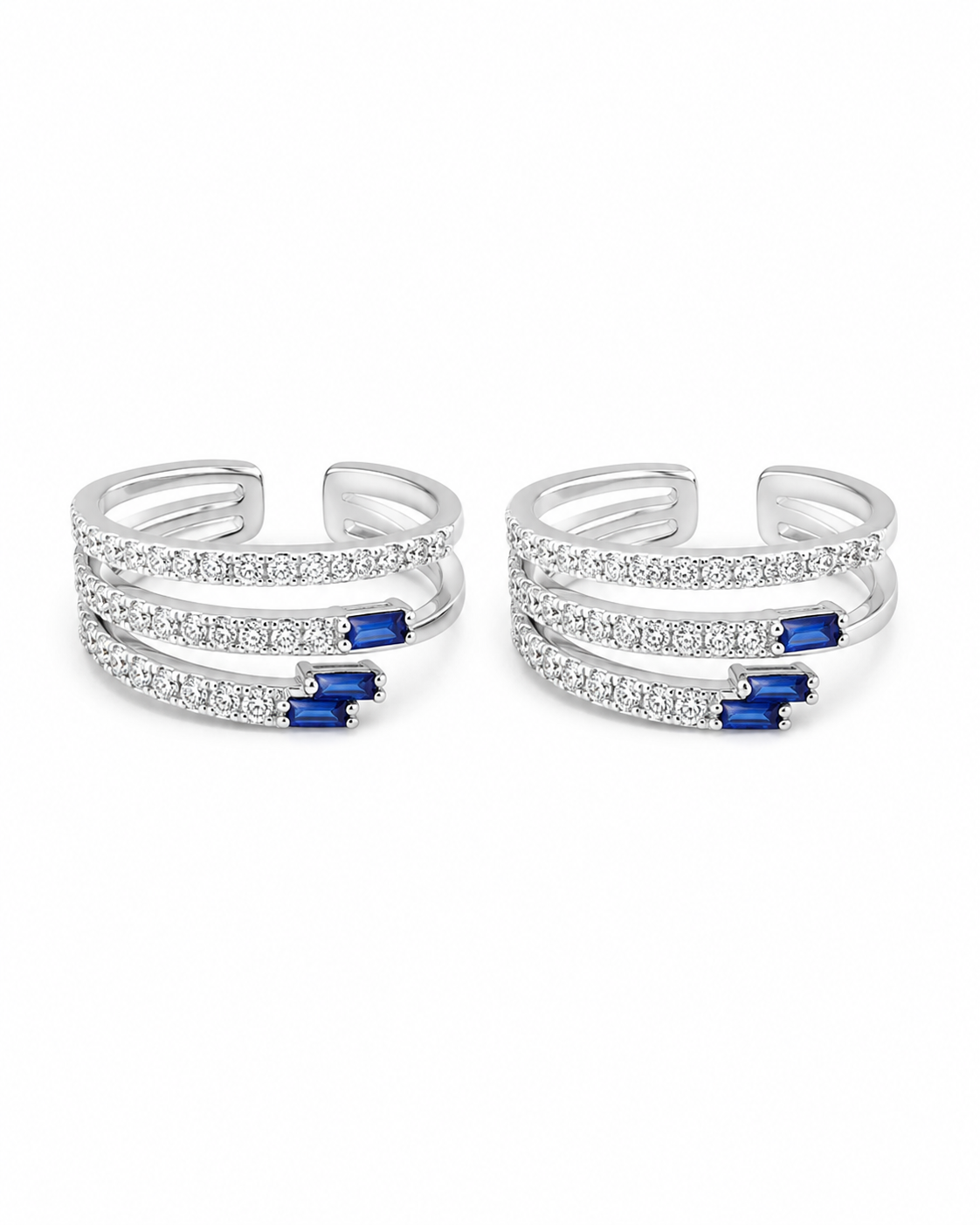 925 Sterling Silver Women's Blue Bar Multi-Row Toe Rings - Pair - White Background